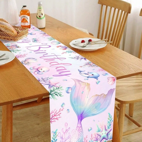Meerjungfrau Thema Happy Birthday Tischläufer Polyester Meeresbewohner Dekoratives Tischtuch Für Geburtstag Party Damen Kinder