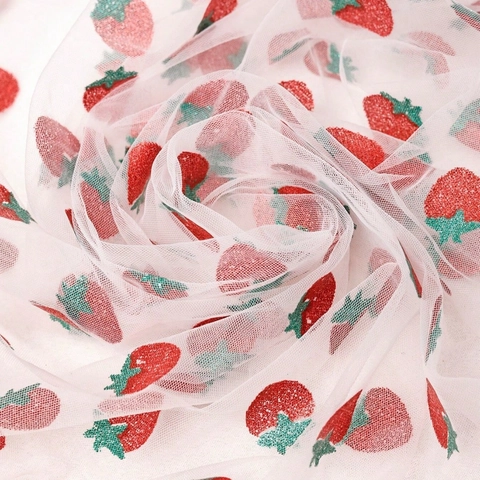 Aardbei Glitter Tule Stof Voor DIY Handgemaakte Verjaardagsfeest Decoratie Schattige Polyester Mesh Tafelkleed Textiel