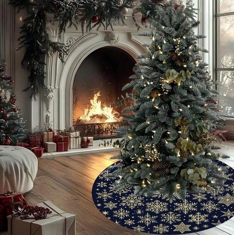 Jupe de Sapin de Noël en Polyester Bleu Foncé Or Motif Flocon de Neige Couverture de Base de Sapin Ronde Décoration Fête