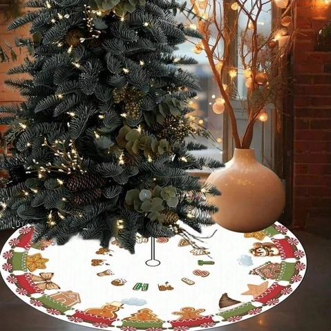 Jupe de Sapin de Noël Colorée Bonhomme de Pain d'Épices Train en Polyester Imprimé Couverture Ronde de Base de Sapin