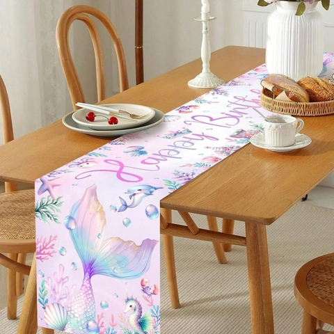 Meerjungfrau Thema Happy Birthday Tischläufer Polyester Meeresbewohner Dekoratives Tischtuch Für Geburtstag Party Damen Kinder