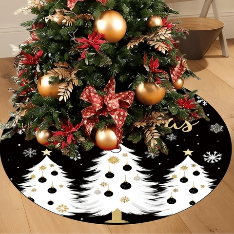 Weihnachtsbaumschürze Rund Schwarz Gold Weiß Holiday Baum Schneeflocke Muster Bedruckt Polyester Boden Deko Baum Matte
