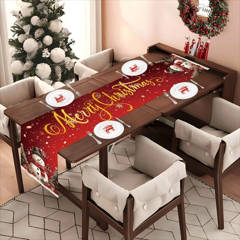 Red Polyester Christmas Table Runner Snowman Snowflake Gold Merry Christmas Lettering Holiday Dining Table Decor