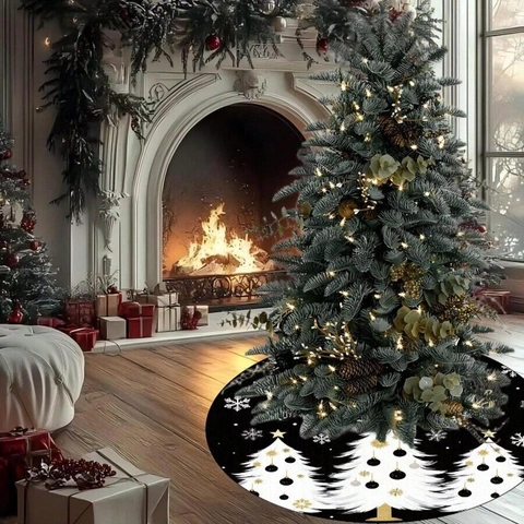 Weihnachtsbaumschürze Rund Schwarz Gold Weiß Holiday Baum Schneeflocke Muster Bedruckt Polyester Boden Deko Baum Matte