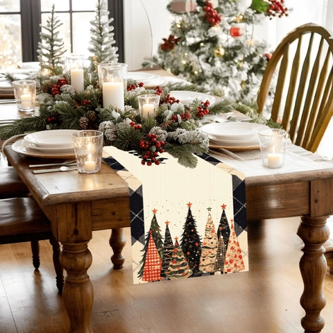 Christmas Table Runner Cotton Linen Fabric Merry Christmas Pattern Plaid Edge Trees Holiday Dining Party Decor