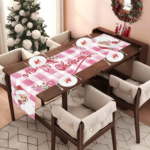 Pink Plaid Christmas Table Runner Santa Claus Candy Cane Pattern Polyester Festive Tablecloth For Xmas Party Home Decor