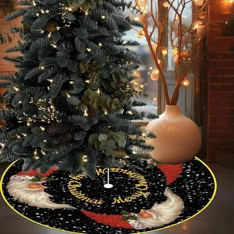 Jupe de Sapin de Noël Noire Avec Motif Père Noël Inscription Merry Christmas Or Ronde Polyester Ornement de Fête