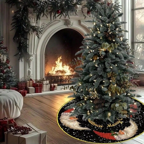 Jupe de Sapin de Noël Noire Avec Motif Père Noël Inscription Merry Christmas Or Ronde Polyester Ornement de Fête