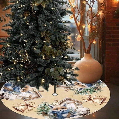 Runde Weihnachtsbaumdecke Polyester Beige Fuchs Hütte Glocke Muster Winterwald Thema Xmas Feiertag Baum Matte Dekor