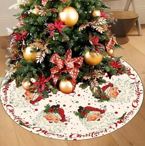 Ronde Kerstboomrok Met Vintage Kerstman Patroon Merry Christmas Belettering Polyester Feestelijke Boom Mat Decoratie