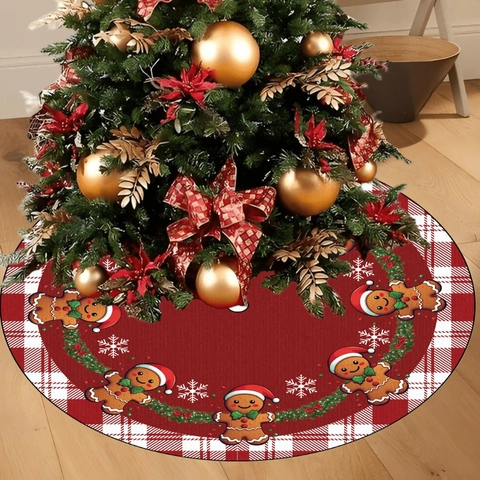 Gonna per Albero di Natale Rotonda Bordo Scozzese Rosso Omino di Pan di Zenzero Motivo Fiocco di Neve Arredamento Casa