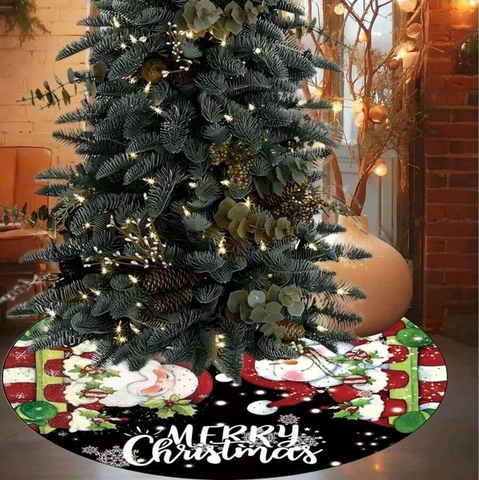 Jupe de Sapin de Noël Ronde Polyester Motifs Père Noël Bonhomme de Neige Noir Rouge Vert Décoration de Fête Maison