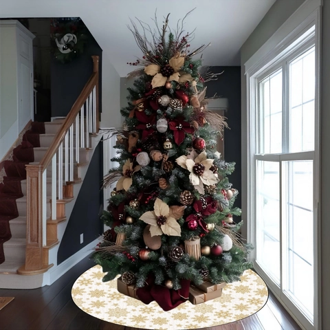 Jupe de Sapin de Noël Ronde en Polyester Avec Motifs de Flocons de Neige Dorés Base Blanche Pour Décoration de Fête