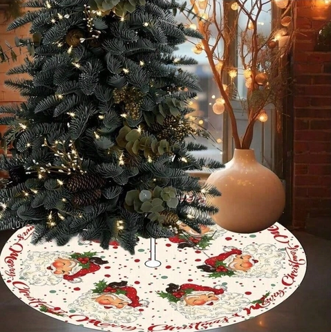Ronde Kerstboomrok Met Vintage Kerstman Patroon Merry Christmas Belettering Polyester Feestelijke Boom Mat Decoratie