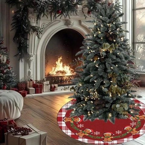 Gonna per Albero di Natale Rotonda Bordo Scozzese Rosso Omino di Pan di Zenzero Motivo Fiocco di Neve Arredamento Casa
