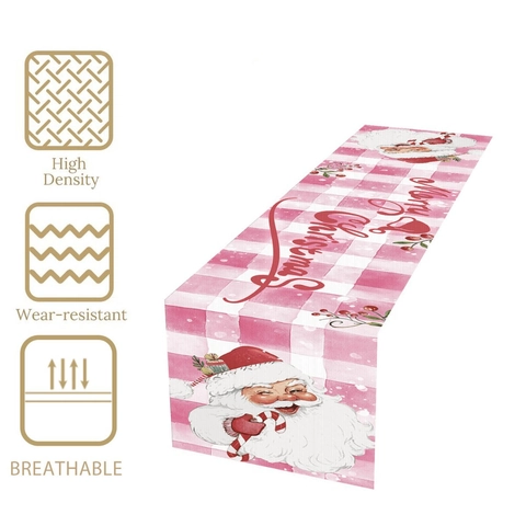 Pink Plaid Christmas Table Runner Santa Claus Candy Cane Pattern Polyester Festive Tablecloth For Xmas Party Home Decor