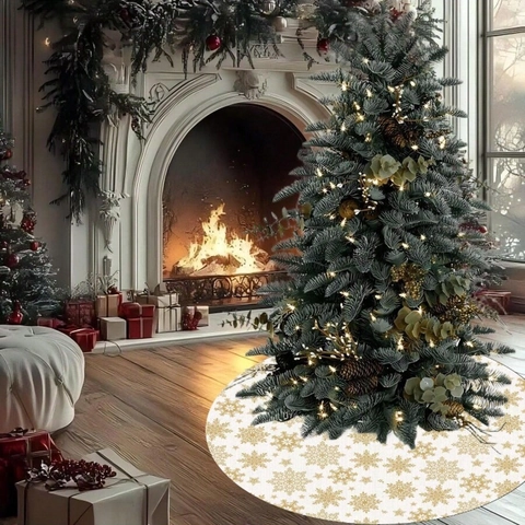 Jupe de Sapin de Noël Ronde en Polyester Avec Motifs de Flocons de Neige Dorés Base Blanche Pour Décoration de Fête