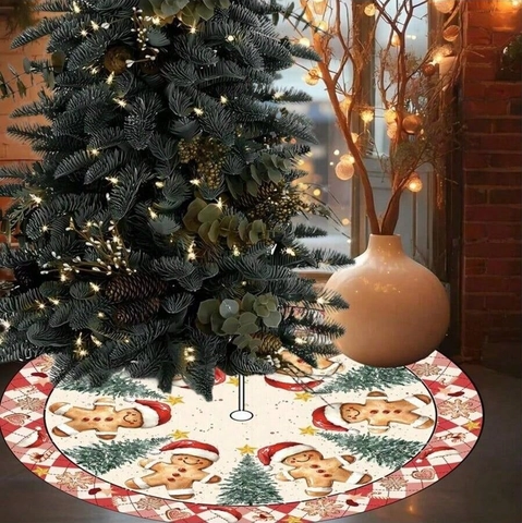 Gingerbread Man Pattern Christmas Tree Skirt Polyester Round Tree Mat Home Floor Decoration Christmas Holiday Party Tree Ornaments