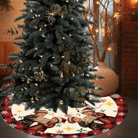 Vintage Christmas Tree Skirt Polyester Buffalo Plaid Round Retro Choir Illustration Holiday Party Home Floor Decoration