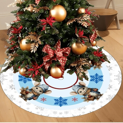 Runde Weihnachtsbaumdecke Polyester Blau Schneeflocke Cartoon Maus Druck Winter Urlaub Innen Boden Dekoration
