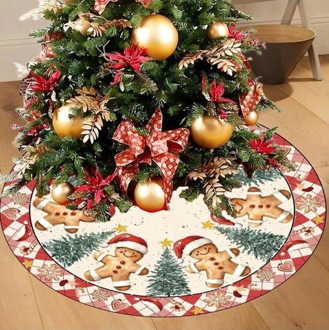 Gingerbread Man Pattern Christmas Tree Skirt Polyester Round Tree Mat Home Floor Decoration Christmas Holiday Party Tree Ornaments