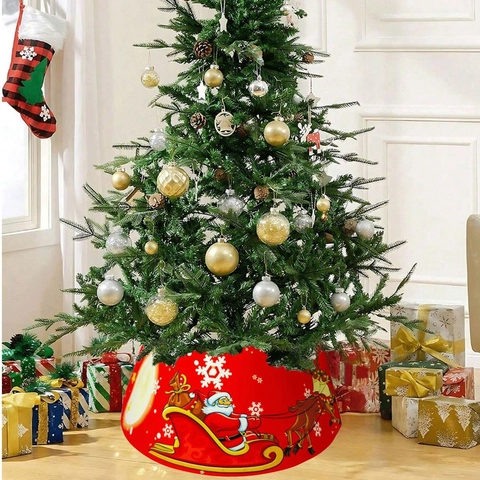 Red Christmas Tree Collar Polyester Santa Reindeer Sleigh Snowflakes Pattern Tree Base Decor Holiday Home Party Decoration