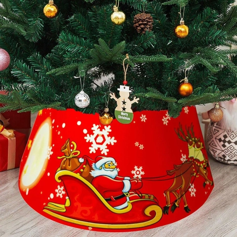 Red Christmas Tree Collar Polyester Santa Reindeer Sleigh Snowflakes Pattern Tree Base Decor Holiday Home Party Decoration