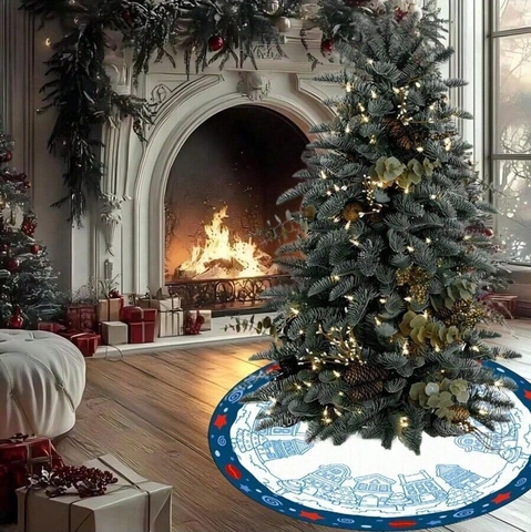 Weihnachtsbaumdecke Rund Polyester Blau Winter Stadt Haus Muster Rot Stern Festliche Feiertag Haus Dekoration Bodenmatte