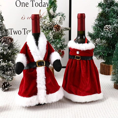 Kerstmis Wijnfleshoes Kerstman Pak Jurk Ontwerp Rood Fluweel Wijnfles Decor Voor Kerstfeest Diner Tafel Ornament