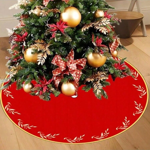 Red Christmas Tree Skirt Polyester Round Christmas Tree Base Cover With Gold Leaf Pattern Festival Decoration For Home Decor
