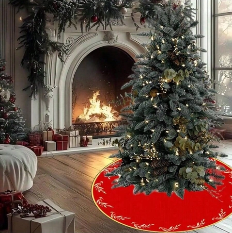 Red Christmas Tree Skirt Polyester Round Christmas Tree Base Cover With Gold Leaf Pattern Festival Decoration For Home Decor