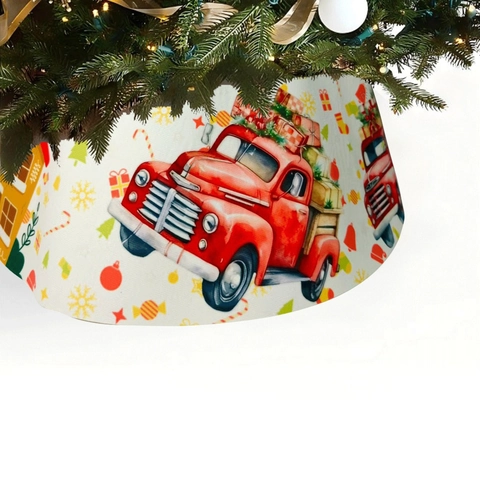 Jupe de Sapin de Noël Motif Camion Rouge Vintage Imprimé en Polyester pour Décoration de Fête de Vacances