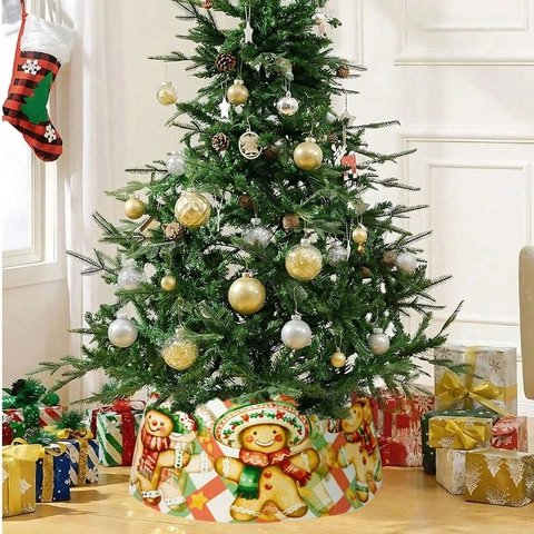 Jupe de Sapin de Noël Bonhomme de Pain d'Épices Imprimé à Carreaux Polyester pour Décoration de Base de Sapin