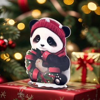 Ornamento da Scrivania Panda di Natale in Cartone Animato Stand in PET Decorazione Natalizia Panda con Ghirlanda e Cappello