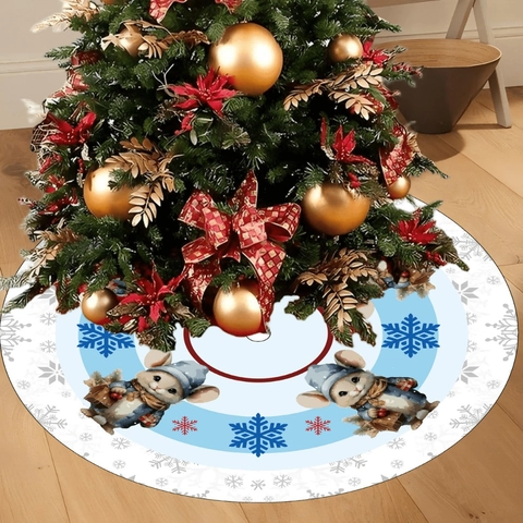 Round Christmas Tree Skirt Blue Snowflake Mouse Pattern Winter Holiday Home Floor Decoration Christmas Tree Base Cover