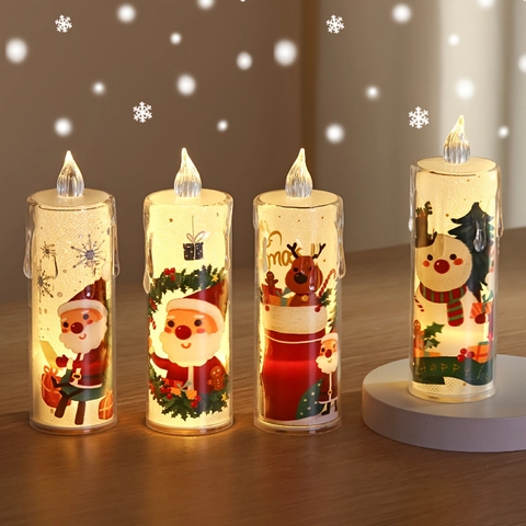 Klar Acryl Weihnachten LED Elektronische Kerzenlichter Warmgelb Flammenlose Simulationskerzen Mit Weihnachtsmann Rentier Muster Für Festliche Party Zuhause Deko
