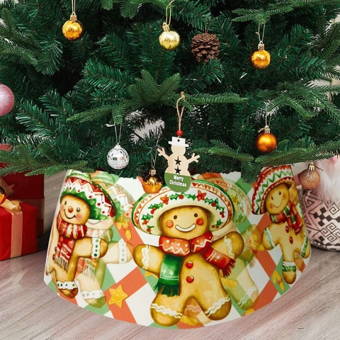 Jupe de Sapin de Noël Bonhomme de Pain d'Épices Imprimé à Carreaux Polyester pour Décoration de Base de Sapin