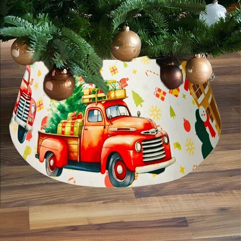 Jupe de Sapin de Noël Motif Camion Rouge Vintage Imprimé en Polyester pour Décoration de Fête de Vacances