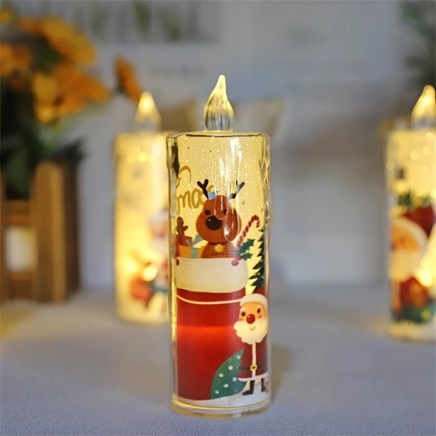 Klar Acryl Weihnachten LED Elektronische Kerzenlichter Warmgelb Flammenlose Simulationskerzen Mit Weihnachtsmann Rentier Muster Für Festliche Party Zuhause Deko