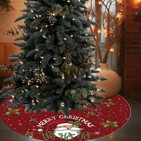 Jupe de Sapin de Noël Rouge Ronde Imprimée Père Noël Tapis de Sol pour Décoration de Base de Sapin Fête à la Maison Ornement