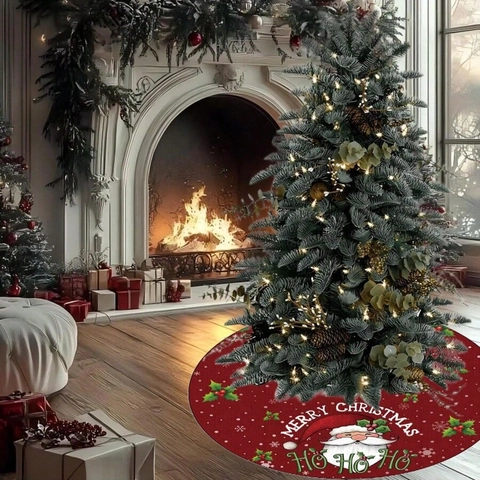 Jupe de Sapin de Noël Rouge Ronde Imprimée Père Noël Tapis de Sol pour Décoration de Base de Sapin Fête à la Maison Ornement