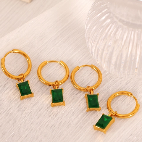 French Vintage Stainless Steel Hoop Earrings Rectangular Zirconia Sun Flower Star Opal Pendant Gold Silver Plated Elegant Jewelry Women