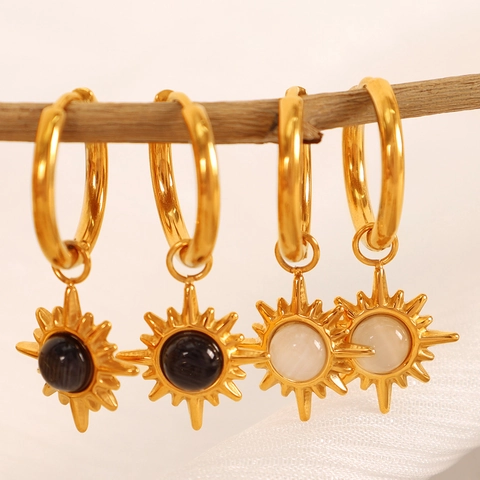 French Vintage Stainless Steel Hoop Earrings Rectangular Zirconia Sun Flower Star Opal Pendant Gold Silver Plated Elegant Jewelry Women