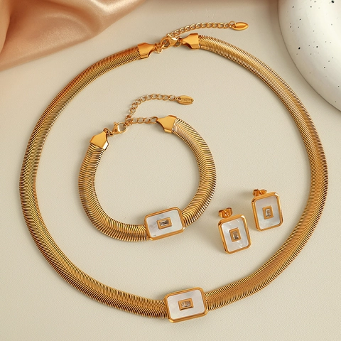 Vintage Stainless Steel Gold Plated Flat Snake Bone Chain Jewelry Set Rectangular Shell Zirconia Pendant Necklace Bracelet Stud Earrings