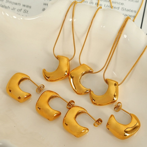 Minimalist Stainless Steel Necklace And Earrings For Women Gold Plated Geometric U-shape Pendant C-shape Studs Light Luxury Jewelry