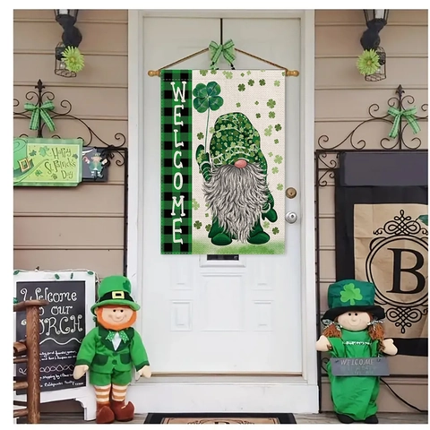 St. Patrick's Day Gartenflagge Grüner Klee Gnom LKW Willkommensschild Polyester Outdoor Deko Doppelseitiges Banner