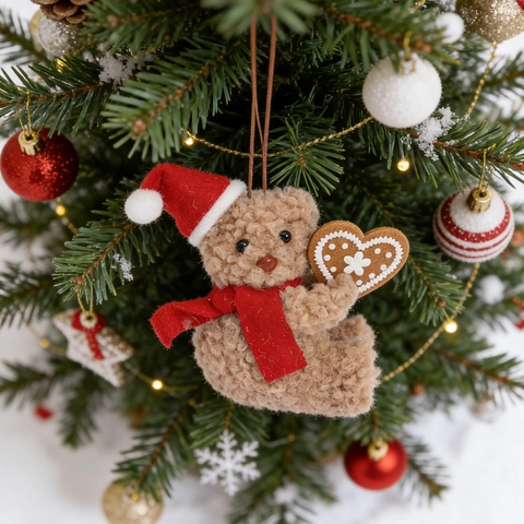 Christmas Plush Teddy Bear Hanging Ornament Soft Sherpa Fleece Brown Bear With Red Hat Scarf Heart For Xmas Tree Decoration