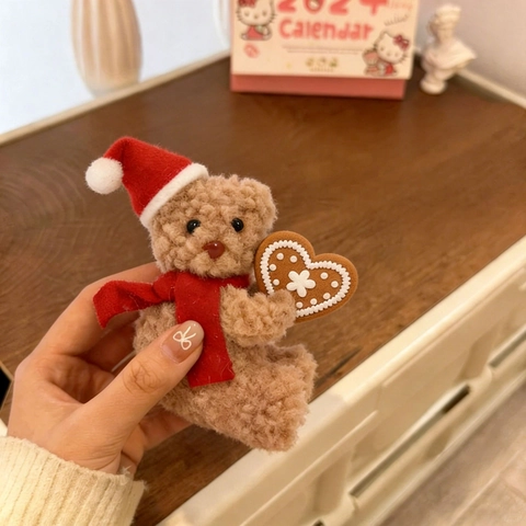 Christmas Plush Teddy Bear Hanging Ornament Soft Sherpa Fleece Brown Bear With Red Hat Scarf Heart For Xmas Tree Decoration