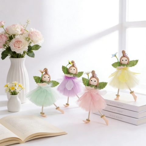 Handmade Fabric Flower Fairy Doll Hanging Ornament With Mesh Skirt And Wings Macaron Color Healing Style Home Decoration