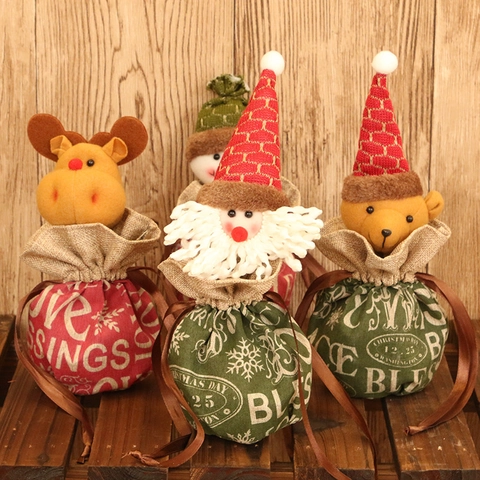 Christmas Drawstring Gift Bag 3D Santa Snowman Reindeer Linen Candy Bag Holiday Party Decor Kids Apple Pouch Printed Sack